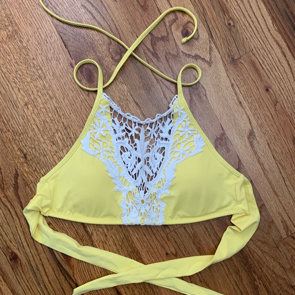 BECCA Yellow Halter Bikini Top with White Crochet